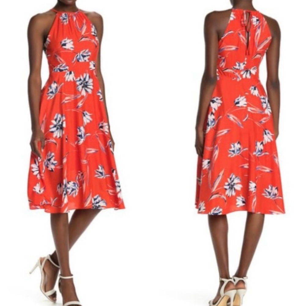 Eliza J red floral high neck midi dress